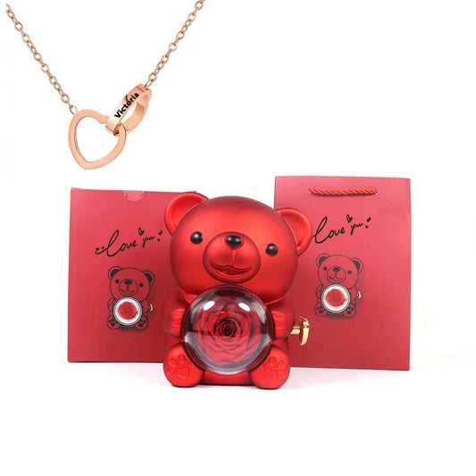 Caja de Regalo de Oso con Collar de Corazones